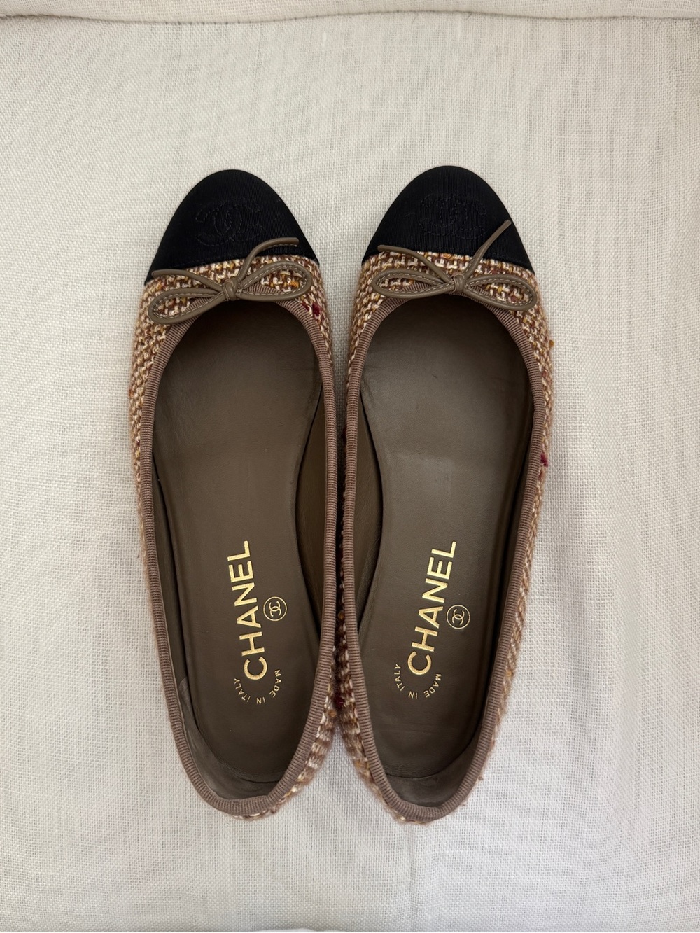 CHANEL Tweed Ballet Flats with Black Cap Toe